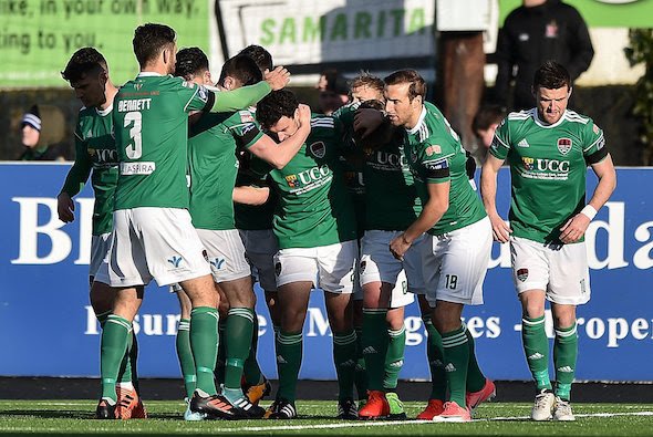 Barry McNamee of Cork City is congratulated by teammates after scoring his side's second goal during the President's Cup match between Dundalk and Cork City at Oriel Park in Dundalk.