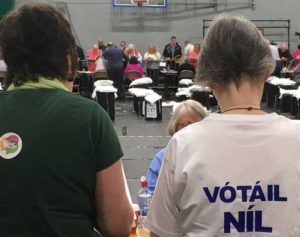 Yes and No campaigners at the Donegal Count in the Aura Leisure Centre in Letterkenny