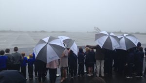 People wait in foggy conditions at Knock Airport for Pope Francis